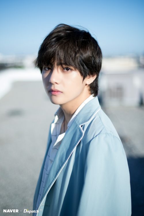 Taehyung wearing a blue coat Dispatch Pitcures 2018