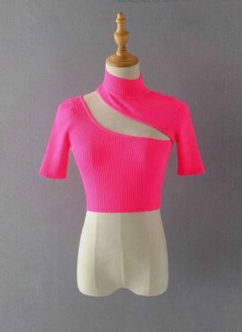 Pink Slant Chest Cut Crop Top | Joy - Red Velvet