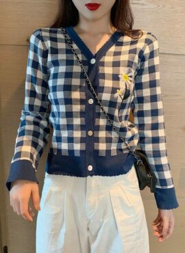 Blue Flower Embroidered Plaid Cardigan | Lisa - BlackPink