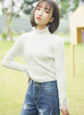 White Sweater With Lace Turtleneck and Sleeves