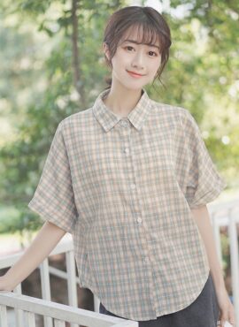 Khaki Plaid Mid Length Sleeve Shirt