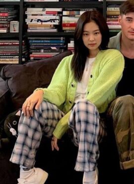 Sky Blue Tartan Straight Pants | Jennie - Blackpink