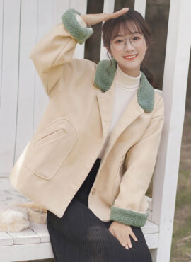 Green Collar And Cuffs Woolen Apricot Jacket