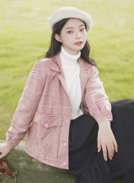 Pink Plaid British Style Woolen Jacket