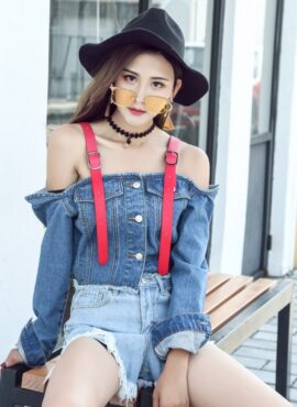 Blue Off-Shoulder Denim Style Crop Top | Rose - BlackPink