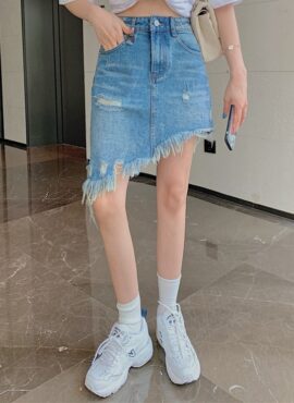 Blue Asymmetrical Distressed Denim Skirt  | Shuhua - (G)I-DLE