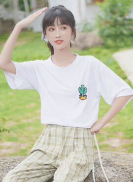 White T-Shirt With Cactus Patch