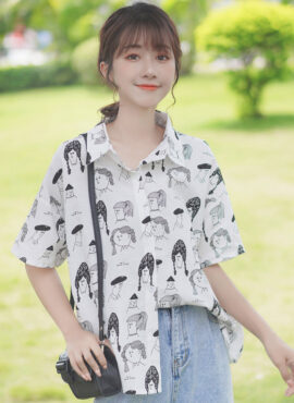 Cartooned People's Faces Print Shirt