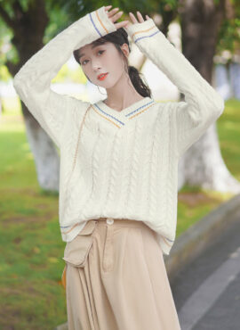 Beige V-Neck Twisted Knots Knit Sweater