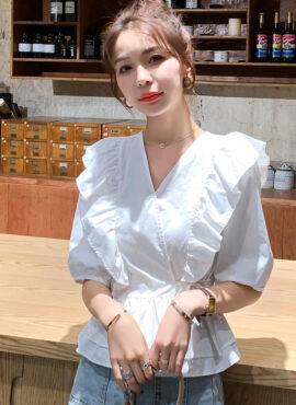 White Ruffle Detail Peplum Blouse | Hyuna