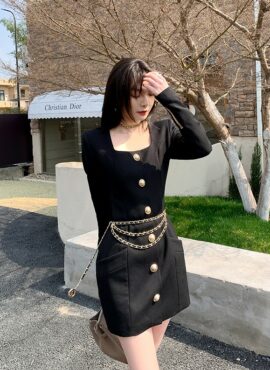 Black Square Neck Long Sleeve Dress With Gold Buttons | Yeri - Red Velvet