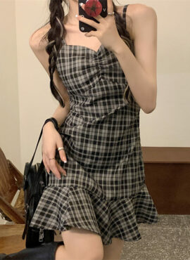 Black And White Checkered Sling Dress | Winter - Aespa