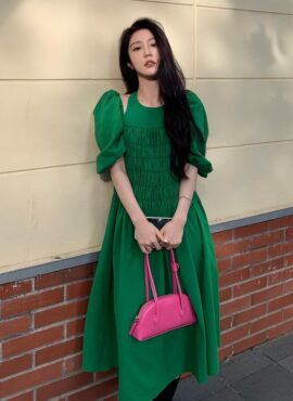 Green Puff Sleeve Halter Dress | Joy - Red Velvet