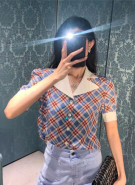 Blue Collared Check Print Blouse | Wendy - Red Velvet