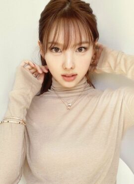 Beige Turtle Neck Slim Fit Sweater | Nayeon - Twice