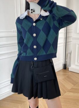 Green Diamond Pattern Doll Collared Cardigan | Rose - BlackPink