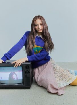 Blue Sweater With Cartoon Dinosaur Embroidery | Tzuyu - Twice