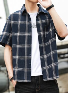 Blue Wide Plaid Short Sleeves Shirt | Doyoung - NCT