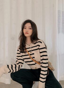 Beige Pocketed Stripe Patterned Cardigan | Joy - Red Velvet