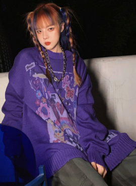 Lilac  Cartoon Print Loose Sweater | Wheein - Mamamoo