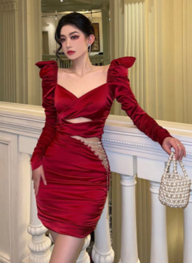 Red Diamond Chain Satin Dress | Joy - Red Velvet