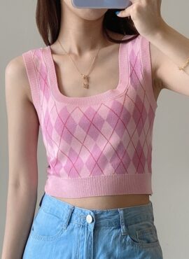 Pink Argyle Crop Top | Momo - Twice