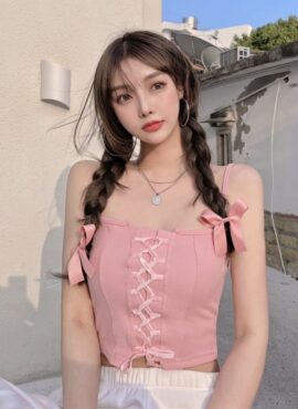 Pink Lace-Up Corset Crop Top | Momo - Twice