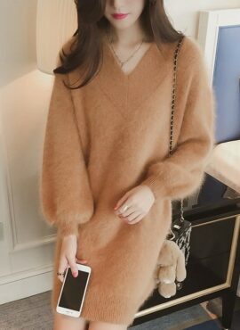 Brown Fluffy V-Neck Sweater Dress | Jisoo - BlackPink