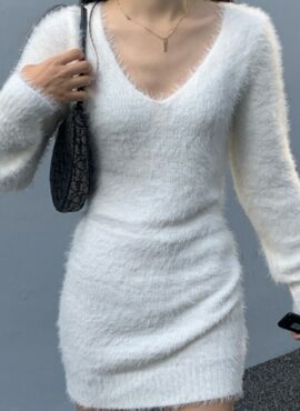 White Fluffy Long Sleeves Dress | Winter - Aespa