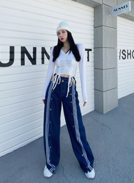 Blue Multi-Button Striped Denim Jeans | Lisa - BlackPink