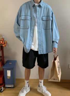 Blue Square-Pocketed Denim Shirt | Mingi - ATEEZ