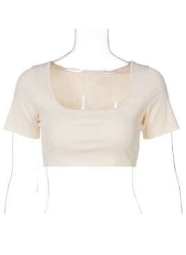 Beige Square Neck Cropped T-Shirt | Jennie - BlackPink