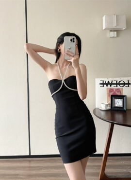 Black Rhinestone Bustier Halter Dress | Momo - Twice