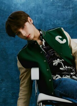 Green Leather Shoulders Baseball Jacket | Hueningkai - TXT