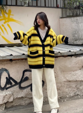 Black And Yellow Contrast Striped Cardigan | Lay - EXO