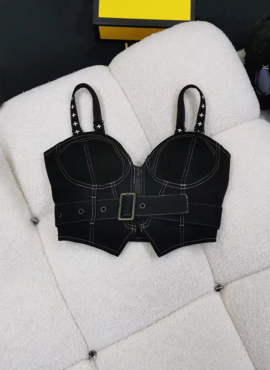 Black Denim Bustier Belted Crop Top | Yuqi - (G)I-DLE