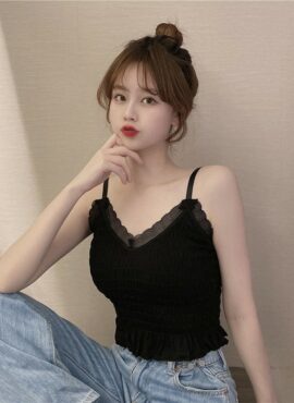 Black Sling Ruffled Crop Top | Momo - Twice