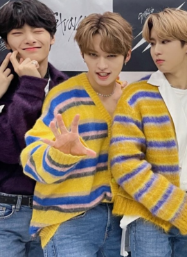 Yellow Knit Striped Cardigan | LeeKnow - Stray Kids