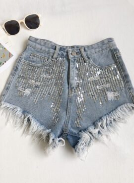 Blue Sequined Denim Shorts | Mia - Everglow