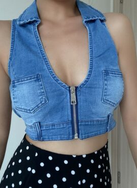 Blue Denim Collared Halter Crop Top | Yuqi - (G)I-DLE