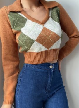 Brown Argyle Cropped Top | Somi