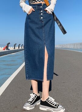 Navy Blue Front-Slit Denim Skirt | Chung Ha