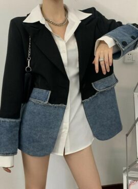 Blue And Black Two-Tone Denim Suit Jacket | Jihyo - Twice