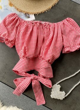 Red Gingham Puff Sleeves Crop Top | Vivi - Loona