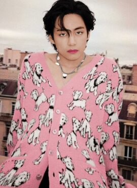 Coral Pink Puppy Print Cardigan | Taehyung - BTS