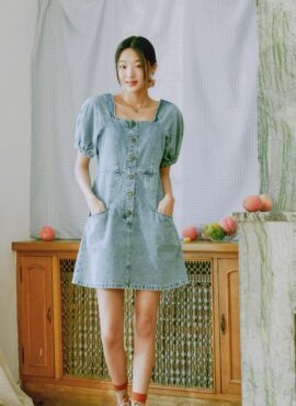 Blue Denim Puff Sleeves Dress | Lisa - BlackPink