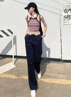 Navy Blue Folded Waist Pants | Jennie - BlackPink