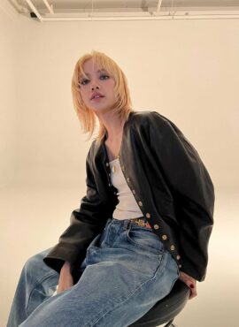 Black Faux Leather Collarless Jacket | Lisa - BlackPink