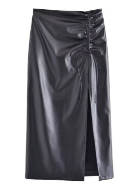 Black Leather Ruched Slit Skirt | Solar - Mamamoo