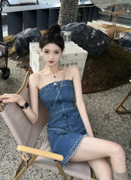 Blue Washed Denim Dress With Crystal Details | Lia - ITZY